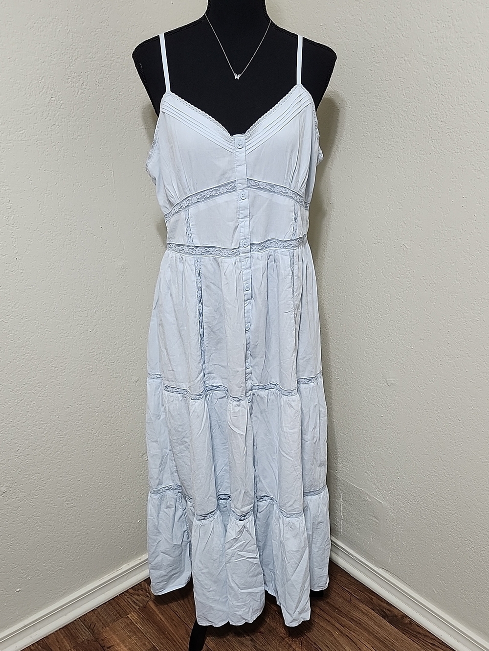 NWT/EUC Aeropostale Sweetheart Eyelet Mixed Woven Lace Midi Dress Light Blue XL